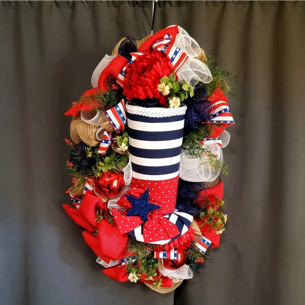Patriotic 4th of July Memorial Day Hat Hanging Door Wreath 29